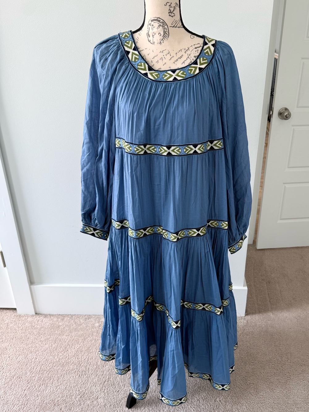 Tory Burch Blue Tiered Maxi Dress with Green Trim